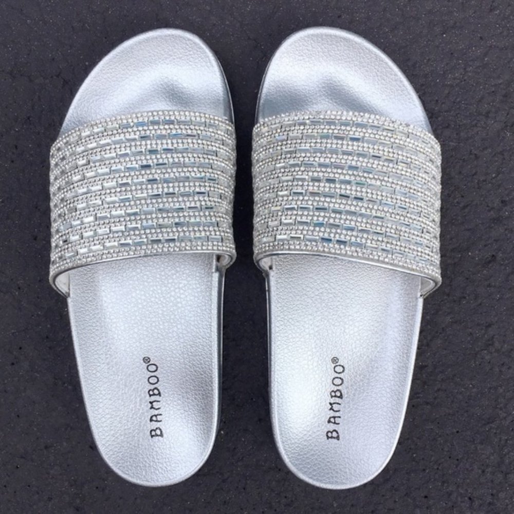 Silver Rhinestone Crystal Mirror Slides Sandals Metallic Sandals